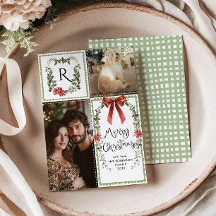 Cottage Core Monogram Bow Merry Christmas 2 Photo Holiday Card