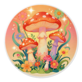 Cottage Core Mushrooms and Flowers Whimsical Ceramic Knob
