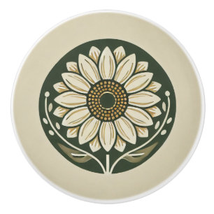 Cottage Core Sunflower Ivory & Sage Hunter Green Ceramic Knob