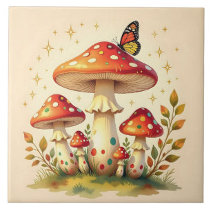 Cottage Core Vintage Mushrooms and Butterfly Ceramic Tile
