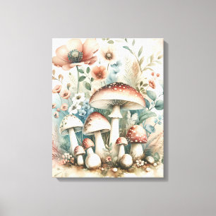 Cottage Core Vintage Mushrooms and Flowers Canvas Print