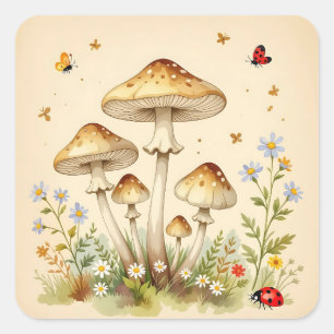 Cottage Core Vintage Mushrooms and Flowers Square Sticker