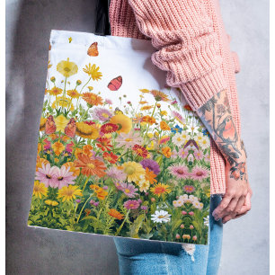 Cottage core wild flowers and butterflies trad tote bag