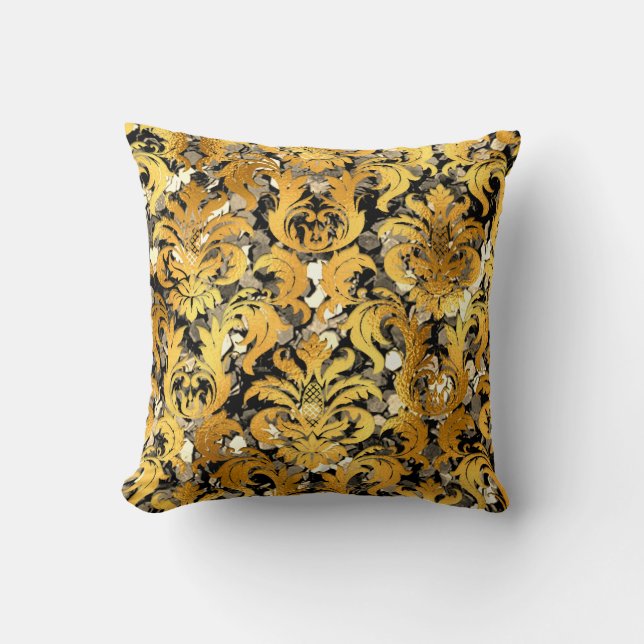 Cottage Damask Sepia Gold Sequin Royal Meatllic Cushion (Front)