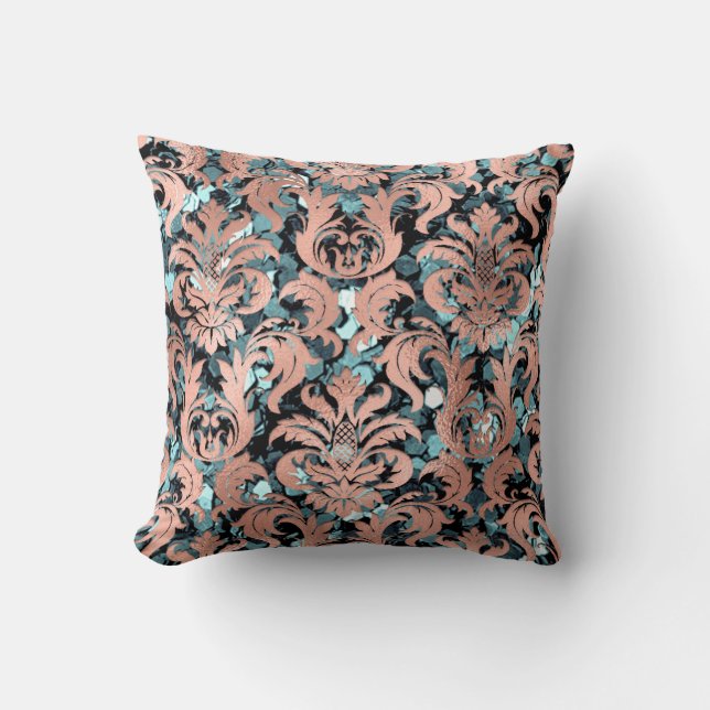 Cottage Damask Teal Blush Copper Sequin Royal Cushion (Front)