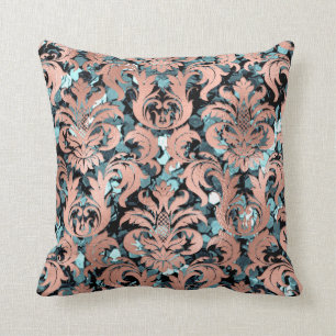 Cottage Damask Teal Blush Copper Sequin Royal Cushion