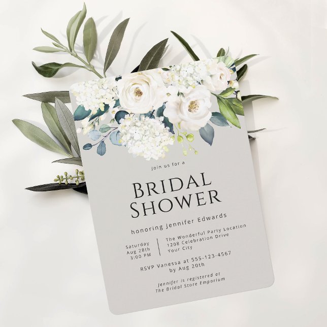 Cottage Farmhouse White Floral Bridal Shower Invitation (Available as printed or paperless digital download!)