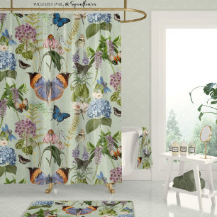 Cottage Floral Sage Botanical Butterfly Vintage Shower Curtain
