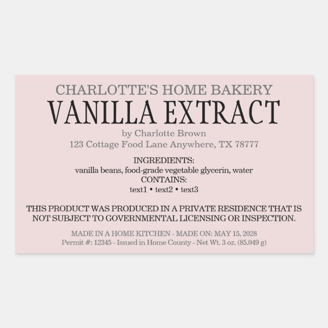 Cottage Food Homemade Vanilla Extract Rectangular Sticker (Front)