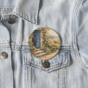 Cottage Garden Blue Door Floral Path Scene 7.5 Cm Round Badge