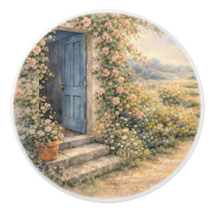 Cottage Garden Blue Door Floral Path Scene Ceramic Knob