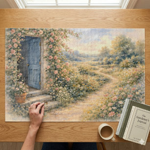 Cottage Garden Blue Door Floral Path Scene Jigsaw Puzzle