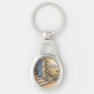 Cottage Garden Blue Door Floral Path Scene Key Ring