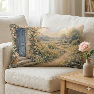Cottage Garden Blue Door Floral Path Scene Lumbar Cushion