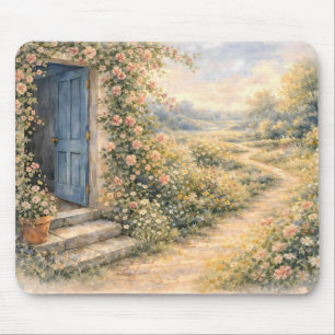 Cottage Garden Blue Door Floral Path Scene Mouse Pad