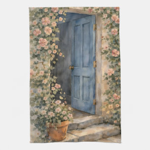 Cottage Garden Blue Door Floral Path Scene Tea Towel