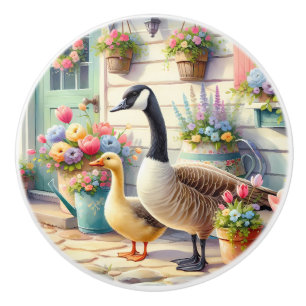 Cottage Garden Geese Spring Illustration Ceramic Knob
