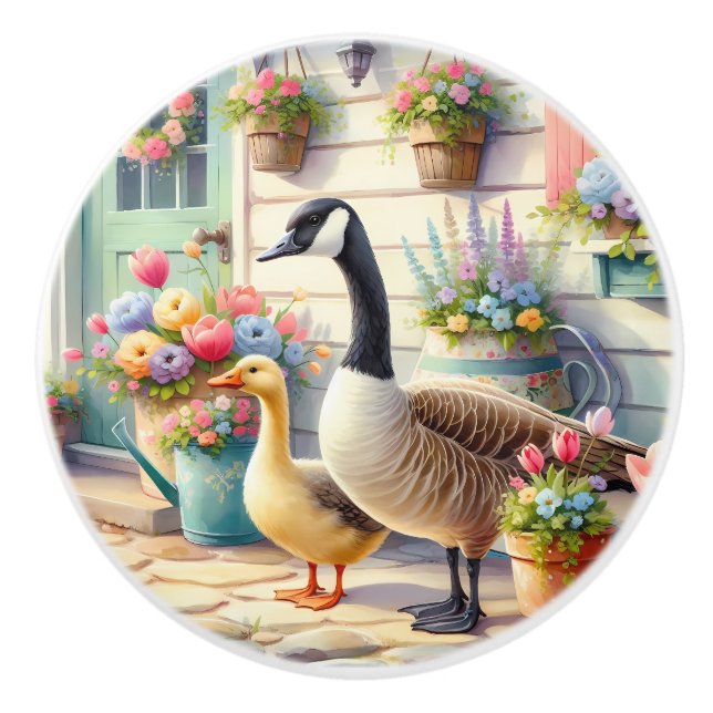 Cottage Garden Geese Spring Illustration Ceramic Knob (Front)