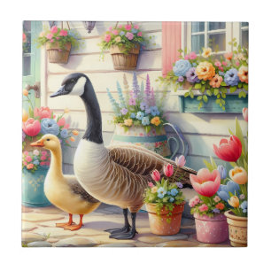 Cottage Garden Geese Spring Illustration Ceramic Tile