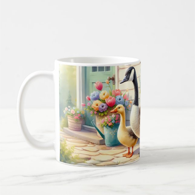 Cottage Garden Geese Spring Illustration Coffee Mug (Left)