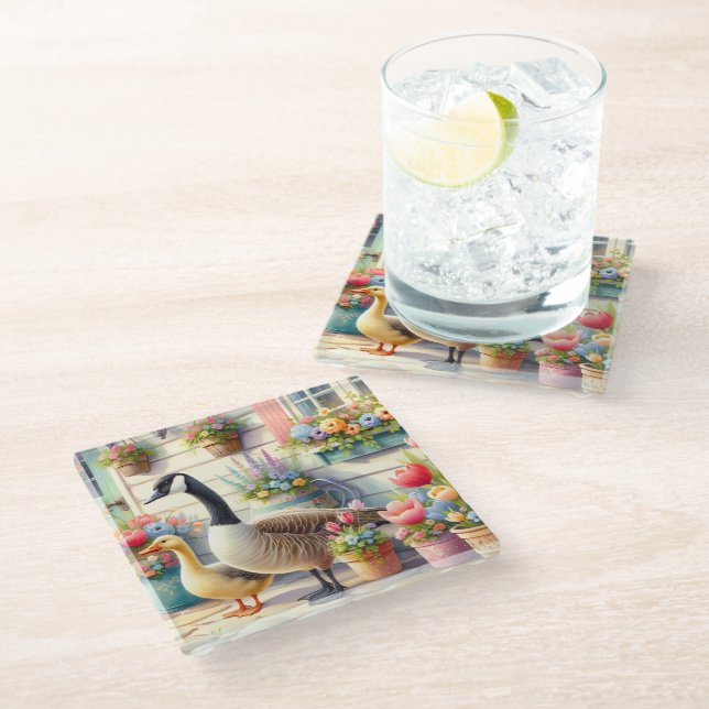Cottage Garden Geese Spring Illustration Glass Coaster (Angled)