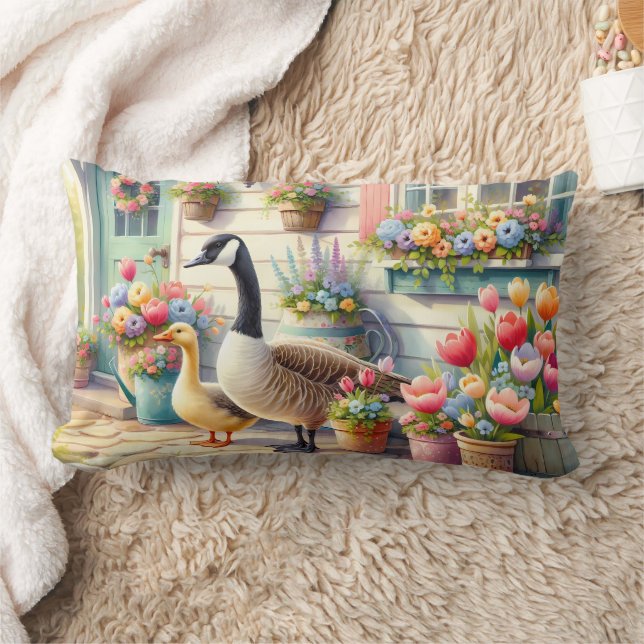 Cottage Garden Geese Spring Illustration Lumbar Cushion (Blanket)