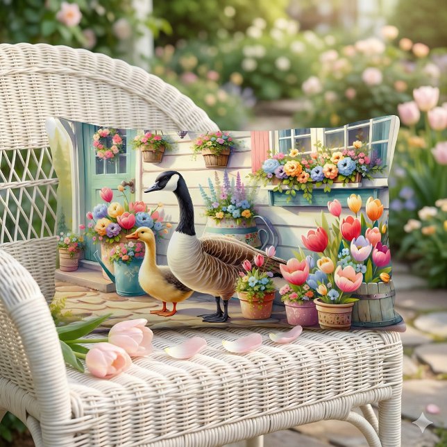Cottage Garden Geese Spring Illustration Lumbar Cushion (Cottage Garden Geese Spring Illustration Lumbar Pillow Mockup A)