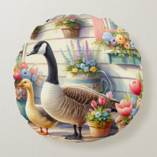 Cottage Garden Geese Spring Illustration Round Cushion
