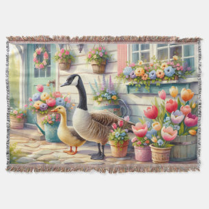 Cottage Garden Geese Spring Illustration Throw Blanket