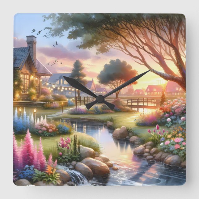 Cottage Garden Stream at Sunset Square Wall Clock (Front)