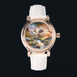 Cottage Garden Stream at Sunset Watch<br><div class="desc">This enchanting artwork captures a dreamy cottage garden bathed in the golden glow of sunset, where colorful blooms and tall foxgloves line a gentle stream that winds past cozy houses and old wooden bridges. A large tree anchors the scene, its sprawling branches casting dappled shadows over the vibrant flowerbeds bursting...</div>