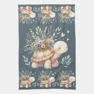 Cottage Garden Turtle Watercolor Tea Towel