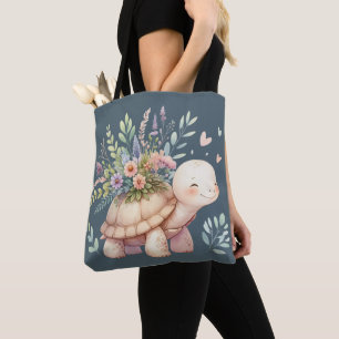 Cottage Garden Turtle Watercolor Tote Bag