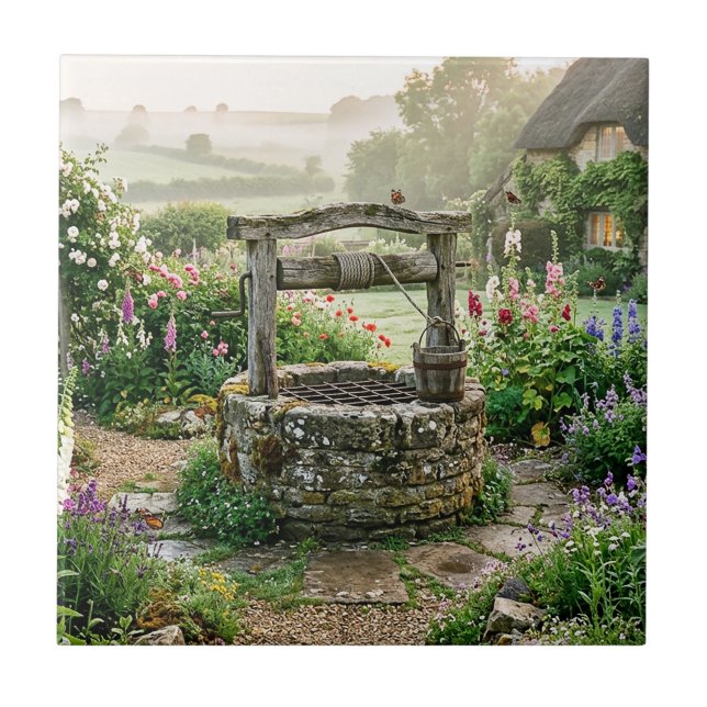 Cottage Garden Well Ceramic Tile (Front)