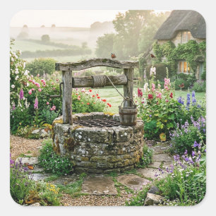 Cottage Garden Well Square Sticker
