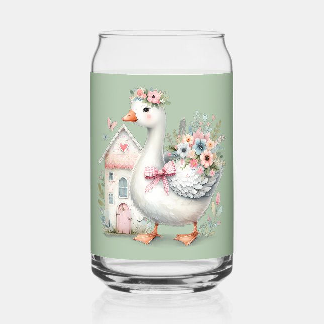 Cottage Goose Floral House Scene Can Glass (Front)