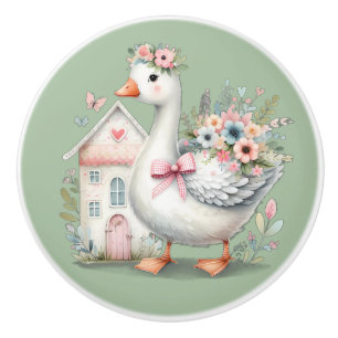 Cottage Goose Floral House Scene Ceramic Knob