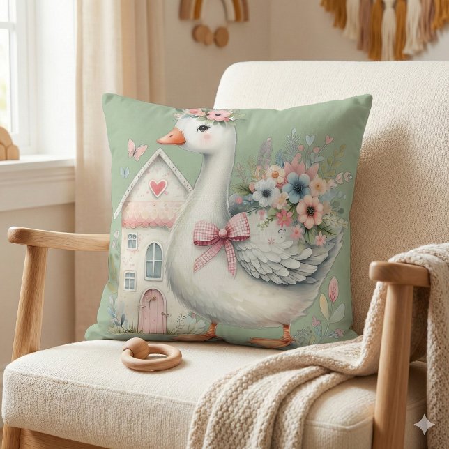 Cottage Goose Floral House Scene Cushion (Cottage Goose Floral House Scene Throw Pillow Mockup A)