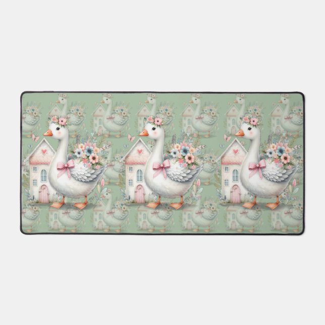 Cottage Goose Floral House Scene Desk Mat (Front)