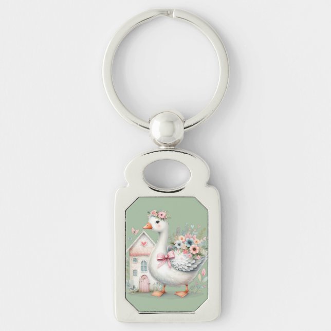 Cottage Goose Floral House Scene Key Ring (Front)