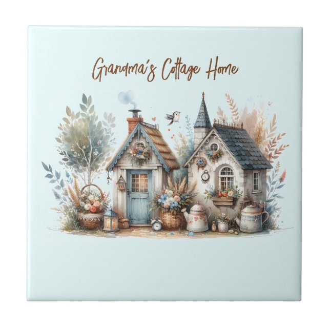 Cottage Haven Floral Homes Illustration Ceramic Tile (Front)