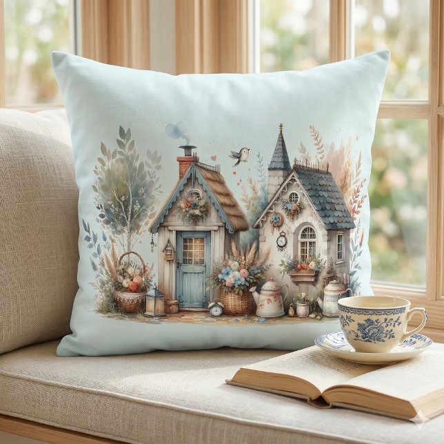 Cottage Haven Floral Homes Illustration Cushion (Cottage Haven Floral Homes Illustration Throw Pillow In Window Seat)