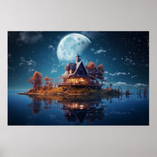 Cottage House On Lake Serene Landscape  Poster