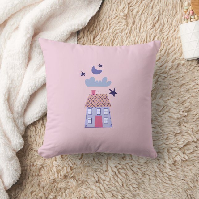 Cottage House Under Moonlit Sky Throw Pillow (Blanket)