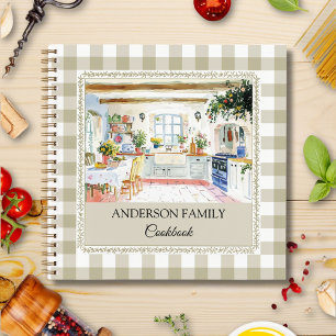 Cottage Kitchen Olive Green Gingham Family Recipe Notebook