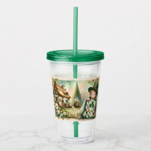 Cottage Leprechaun Patchwork Quilt Scene Acrylic Tumbler