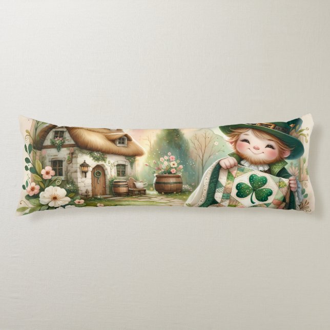 Cottage Leprechaun Patchwork Quilt Scene Body Cushion (Front)