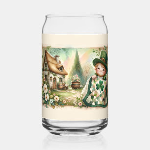 Cottage Leprechaun Patchwork Quilt Scene Can Glass
