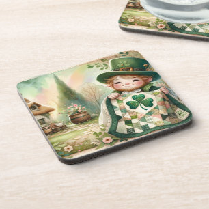 Cottage Leprechaun Patchwork Quilt Scene Coaster