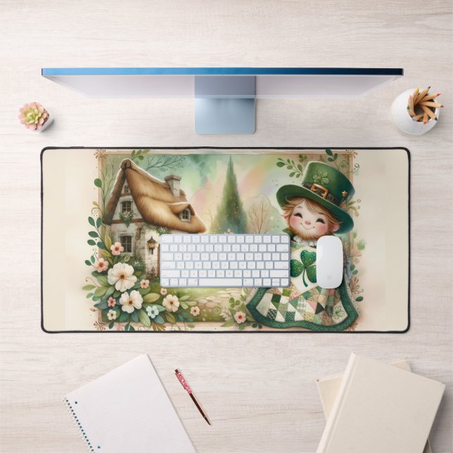 Cottage Leprechaun Patchwork Quilt Scene Desk Mat (Office 1)